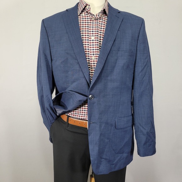 Calvin Klein Men's‎ Sport Coat Blazer Two Button Navy Blue Checked Wool Size 44R